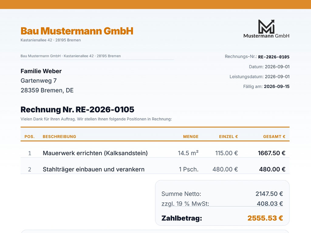 Vorschau der Rechnungsvorlage für Handwerk und Bau
