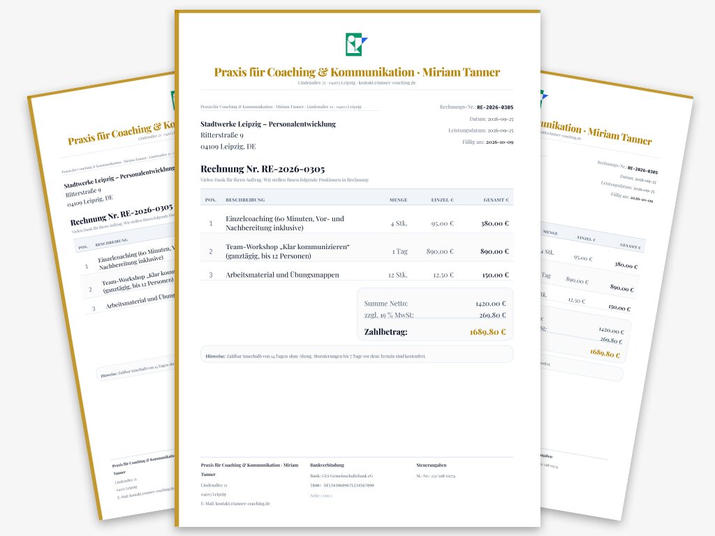 Rechnungsvorlage Coaching und Seminare: Vorschau aus dem Big Pack