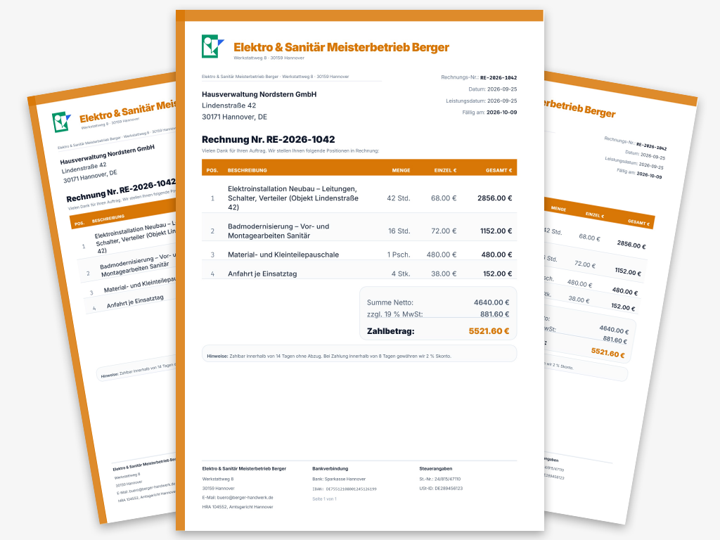 Rechnungsvorlage Handwerk und Bau: Vorschau aus dem Big Pack